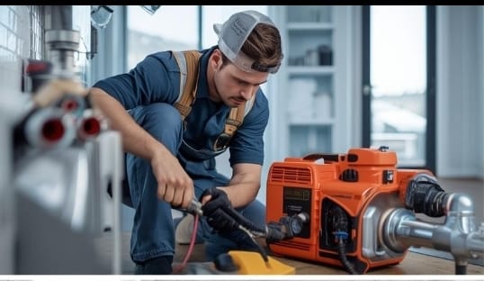 Plumber work for leaks searching in house plumbings, examining pipes with professional equipment for safety and reliability.