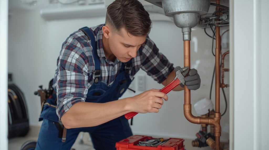 "Plumber performing maintenance and repair work on home plumbing, fixing pipes and fixtures.