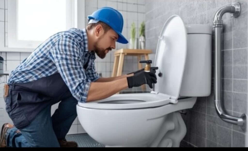 Plumber fixing and mounting toilet in place using professional tools for fit and leak free flush.