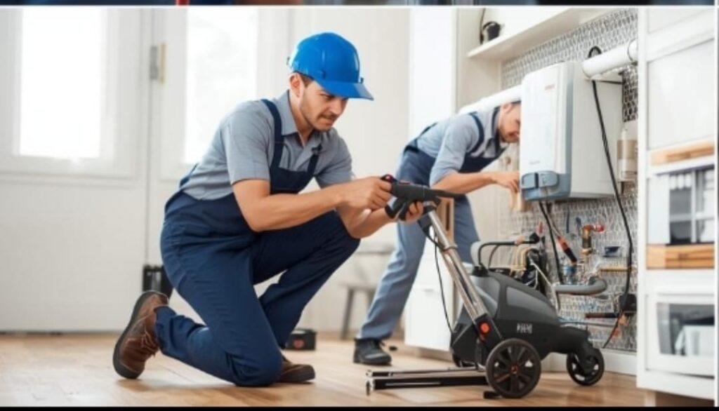 Technician removing water damage and drying flooded area of the house.