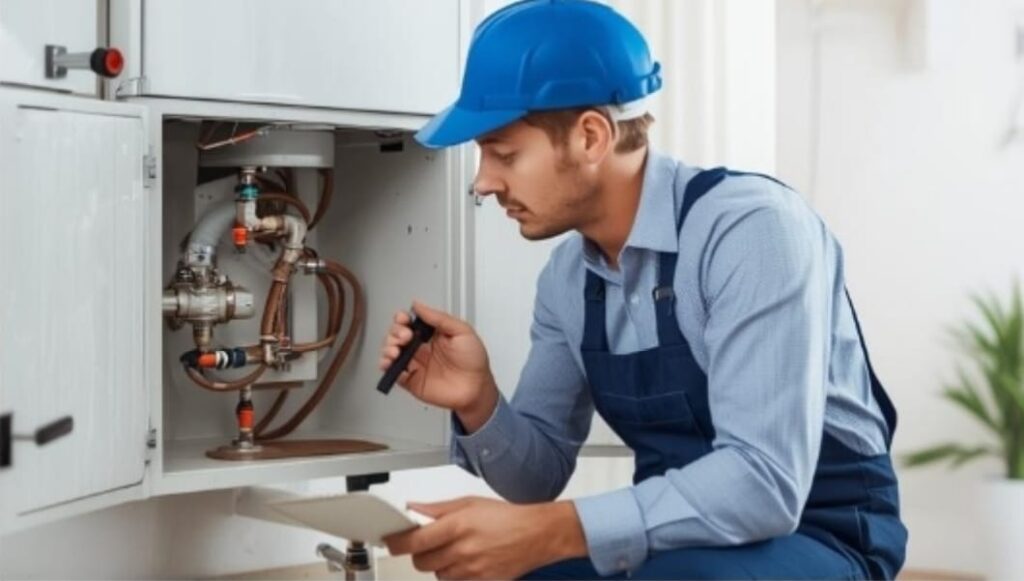 Plumber fixing a water heater so a house can have hot water