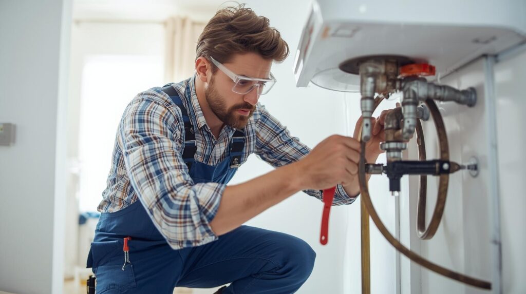 Real Plumber Putting New Pipes And Faucets, Installing Carefully Housing Plumbing Installations And Replacements